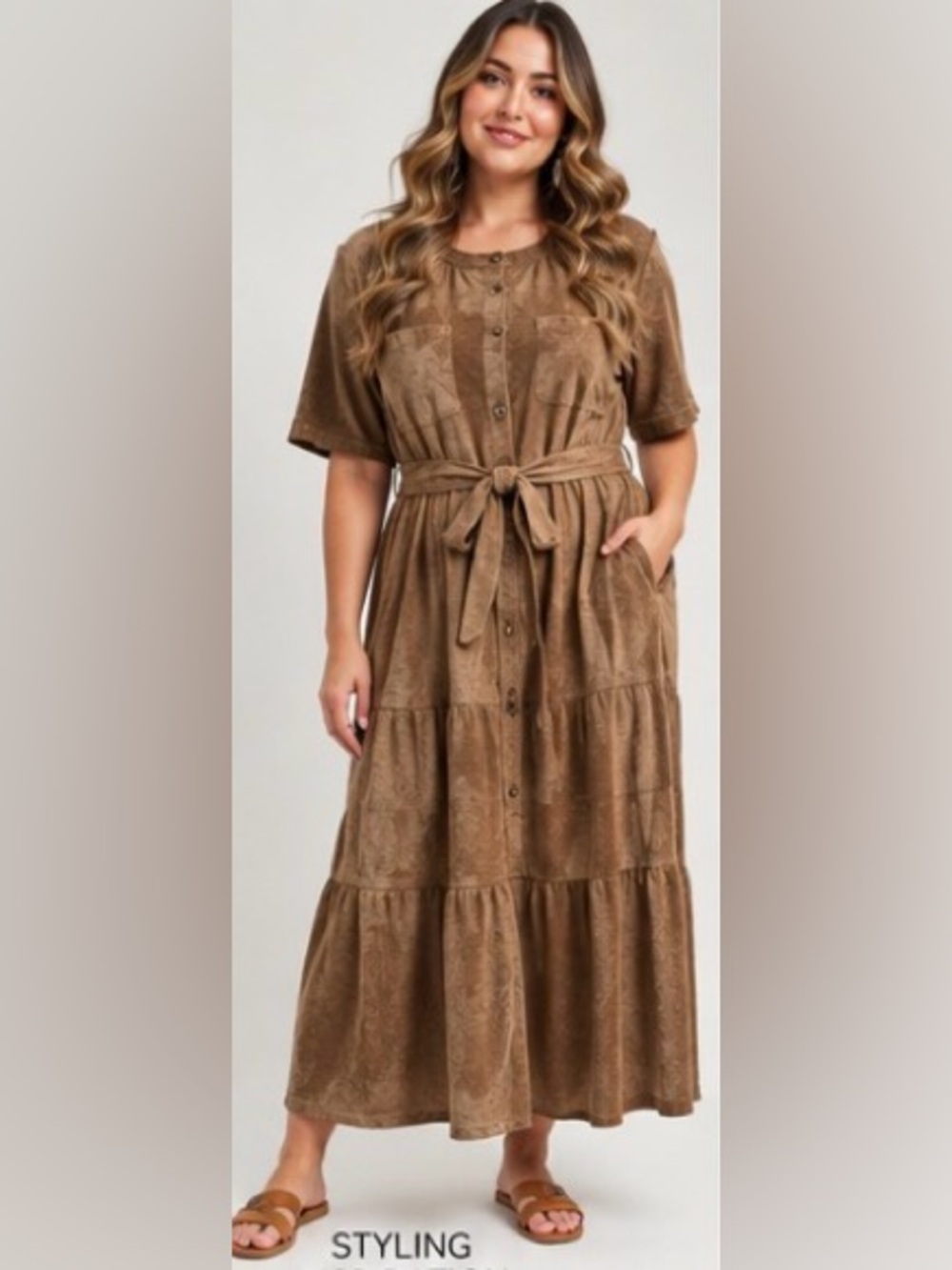 Polagram NWT Brown Ribbed Tiered Midi Dress 2XL Belt Pockets PSD3348-X